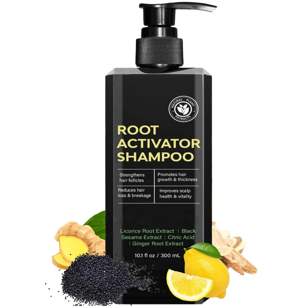FHH Root Activator Shampoo bottle closeup highlighting natural formula for scalp care.