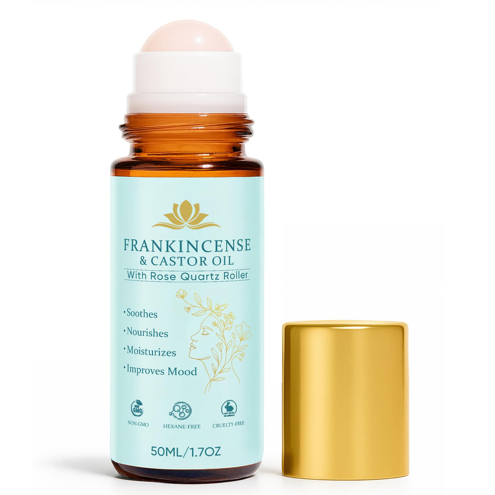 Fibosara frankincense and castor oil roll-on bottle with rose quartz for daily soothing skincare.