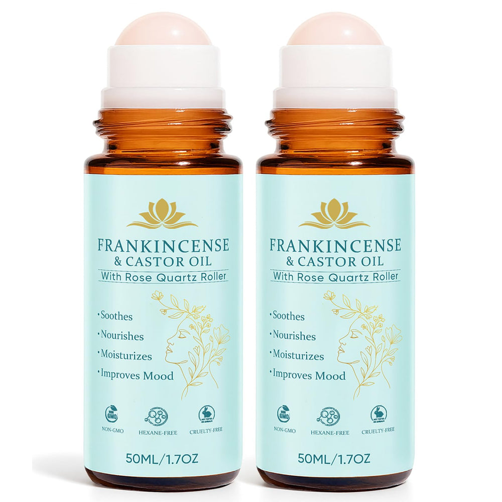 Fibosara frankincense and castor oil roll-on bottle with rose quartz for facial hydration.