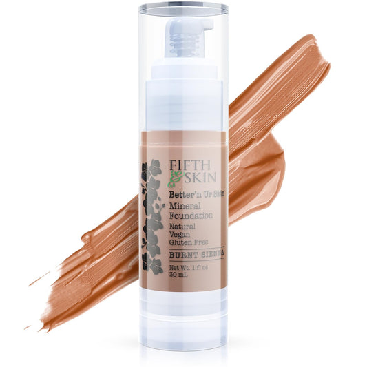 Fifth & Skin Burnt Sienna bottle close-up shows natural coverage and skin-friendly ingredients.