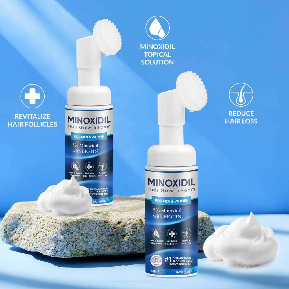 FIGTORUS minoxidil foam label detail showcases 5% formula with nourishing ingredients.