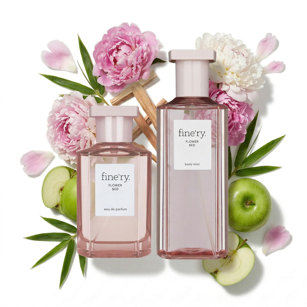 Fine'ry Flower Bed EDP bottle with lush peony notes for evenings.