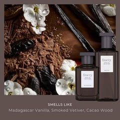 Fine'ry Vanilla Gourmand bottle closeup label, rich cacao wood accent for depth.