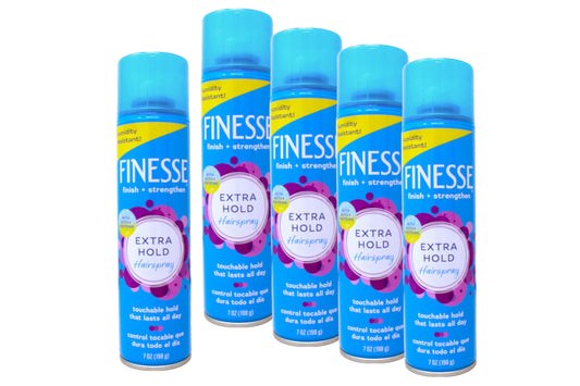 Finesse Finish + Strengthen hairspray bottle front view provides extra hold.