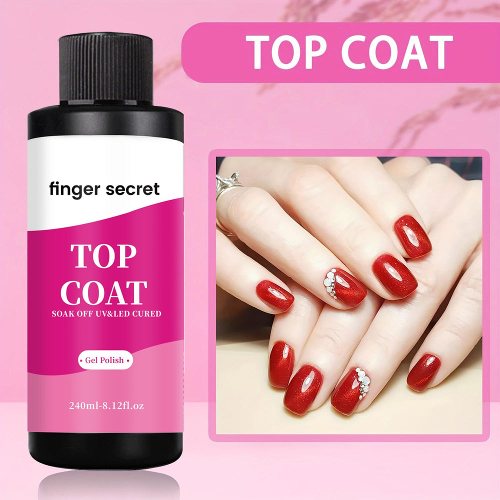 Finger Secret fast-dry top coat delivers a glossy finish.