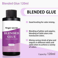 Finger Secret blending glue enables glitter dilution for distinctive nail designs.