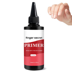 Finger Secret nail primer bottle closeup showing smooth formula for flawless gel prep.
