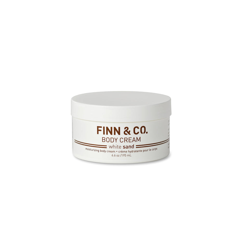 FINN & CO White Sand Body Cream jar highlighting rich hydration for daily use