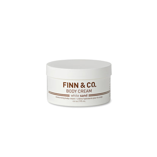 FINN & CO White Sand Body Cream jar highlighting rich hydration for daily use