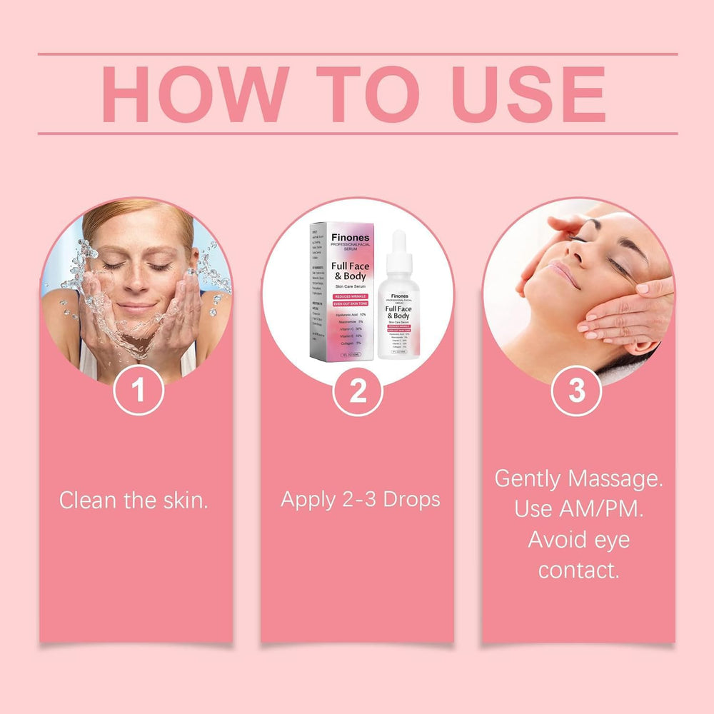 Finones serum applied to face, neck, and chest for a refreshed, even-toned look.