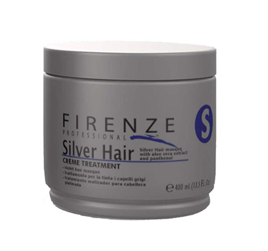 Firenze Professional Silver Hair Mask bottle neutralizes yellow tones for cool silver hair