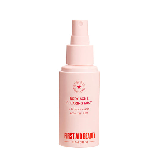 First Aid Beauty Body Acne Spray with 360-degree sprayer for easy back and shoulder reach.