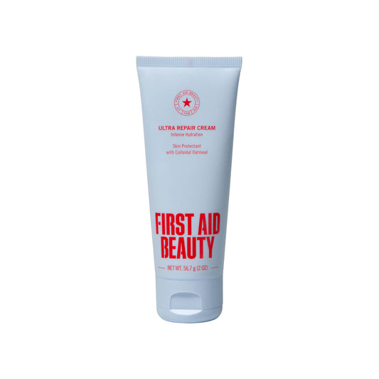 First Aid Beauty Ultra Gentle Cream-to-Foam Cleanser bottle for gentle makeup removal.