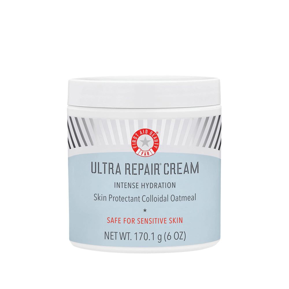First Aid Beauty Ultra Repair Cream bottle shows quick-absorbing hydration for dry skin