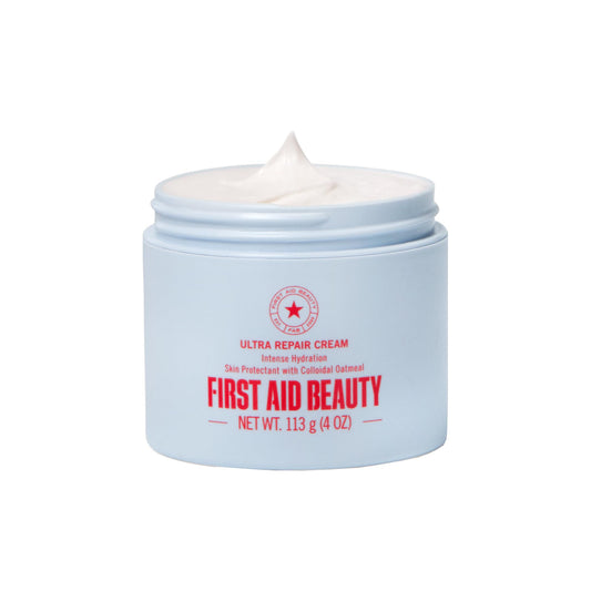 First Aid Beauty Ultra Repair Cream jar closeup showing whipped texture for deep hydration