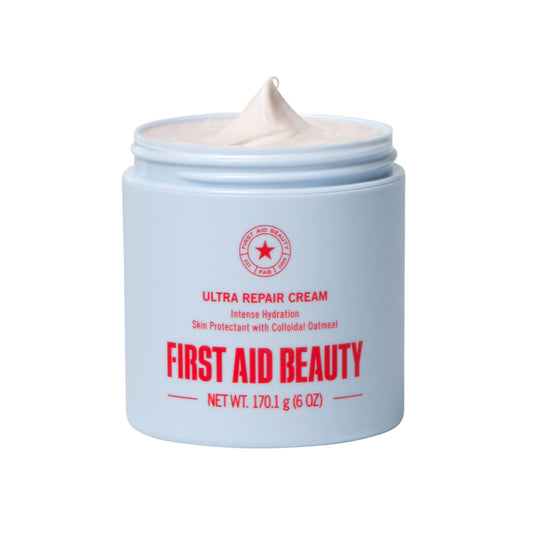 First Aid Beauty Ultra Repair Cream jar close up showing rich texture for long lasting hydration
