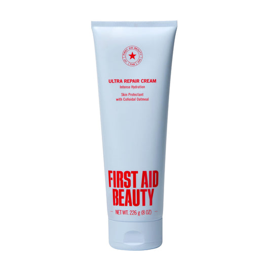First Aid Beauty Ultra Repair Cream jar showing whipped texture for deep hydration.