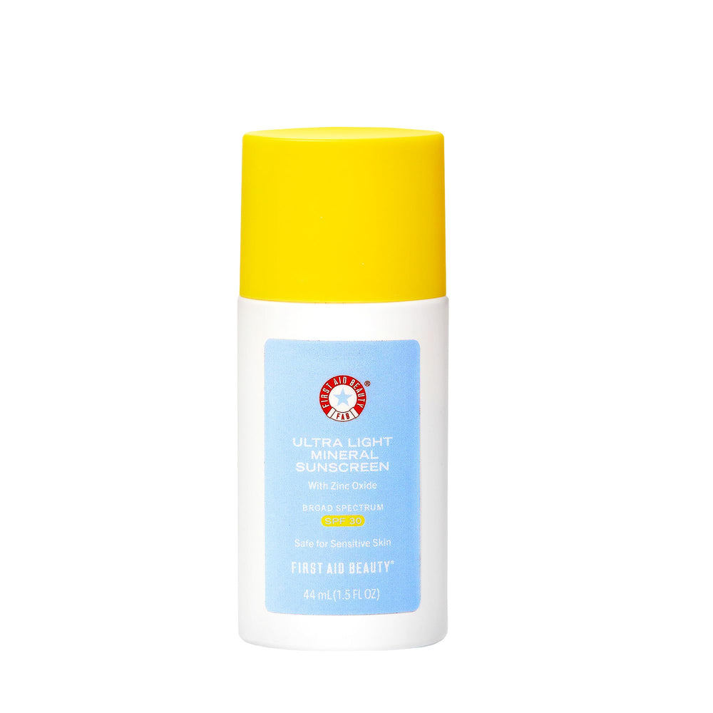 First Aid Beauty weightless liquid sunscreen bottle offering SPF 30 protection for daily use.