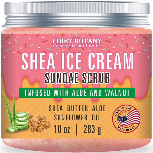 First Botany Body Scrub with Shea Icecream texture delivers creamy exfoliation for smoother skin.