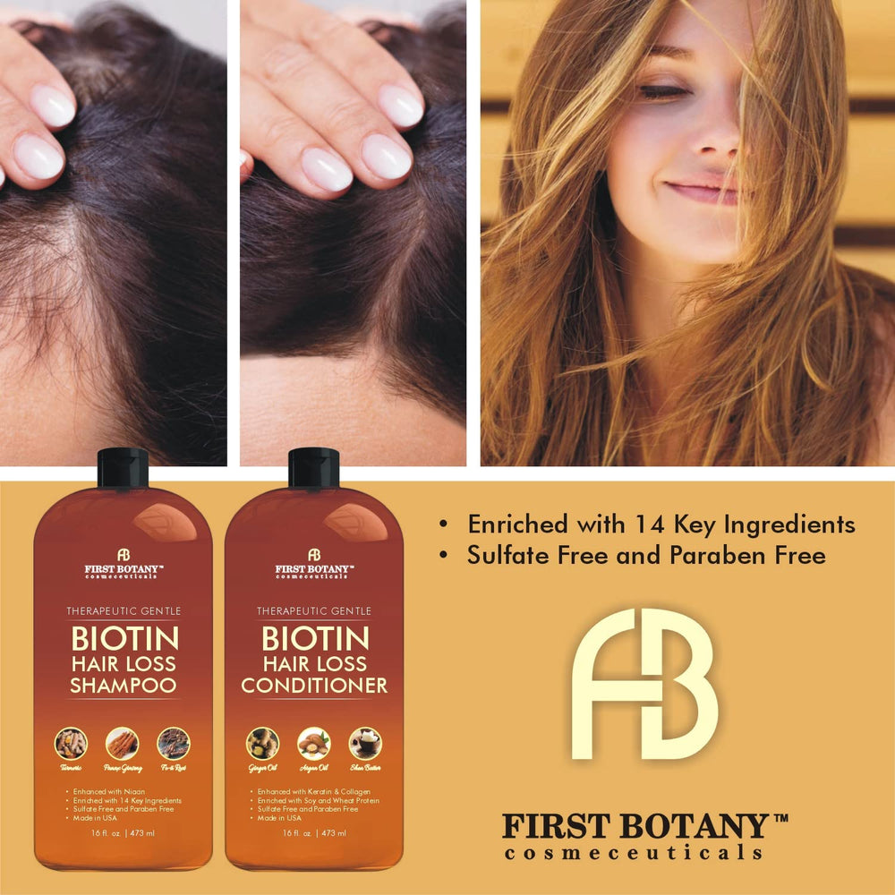 First Botany DHT blockers and biotin illustration highlights supporting natural hair growth.