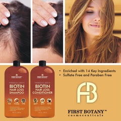 First Botany DHT blockers and biotin illustration highlights supporting natural hair growth.