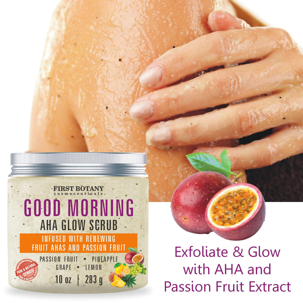 Close-up of exfoliating salt and maracuja seeds smoothing skin texture.