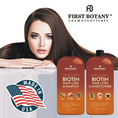 First Botany Conditioner bottle demonstrates DHT-blocker blend supporting healthy hair strands.