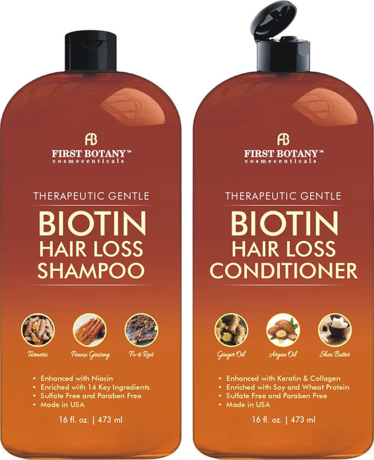 First Botany Hair Growth Shampoo bottle highlights a sulfate-free formula for scalp nourishment.