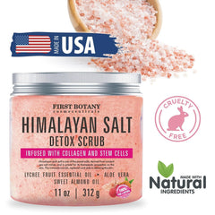 First Botany Himalayan Salt Body Scrub label highlights collagen and stem cells for skin care