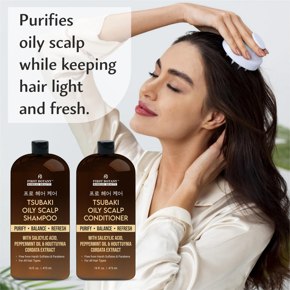 First Botany Oily Scalp Shampoo bottle closeup highlighting peppermint cooling formula.