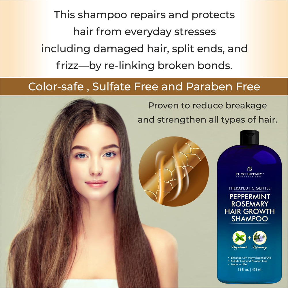 First Botany Peppermint Rosemary shampoo daily-use bottle in shower for easy routine.