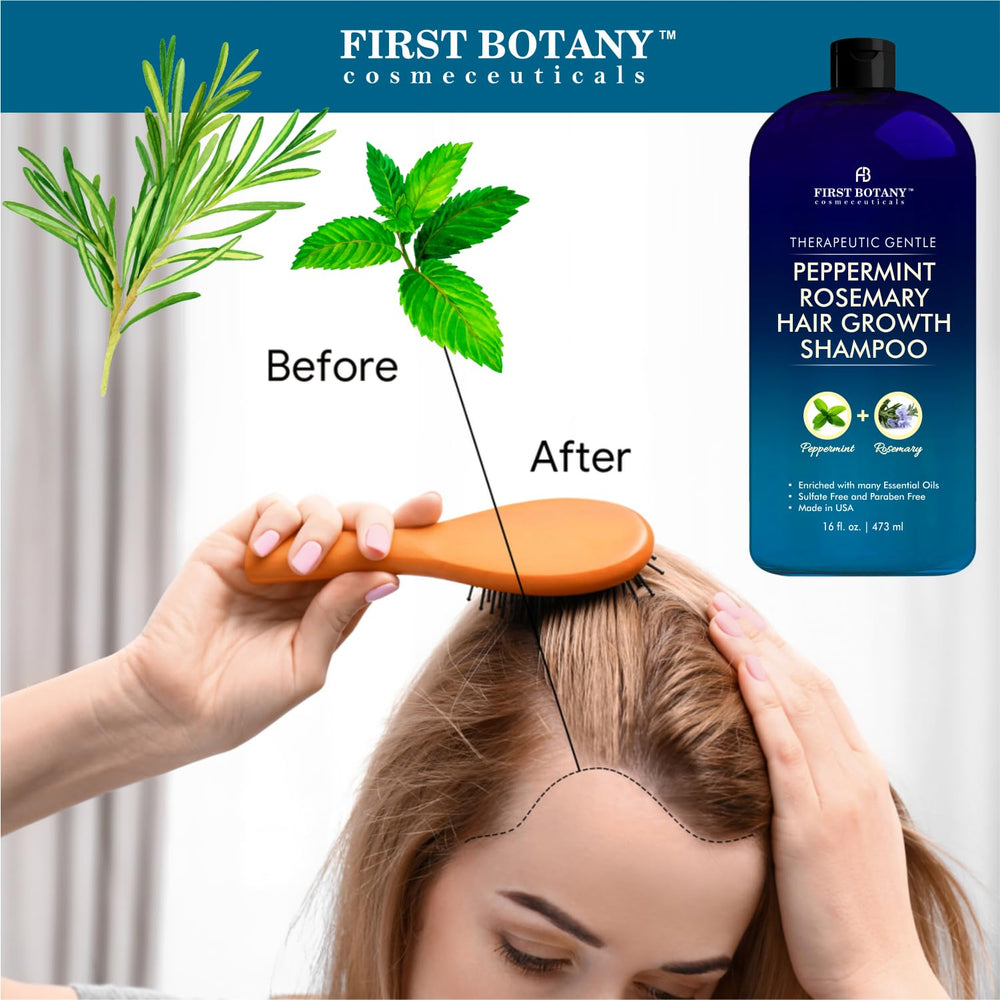 First Botany Peppermint Rosemary Shampoo label closeup showing paraben-free formula