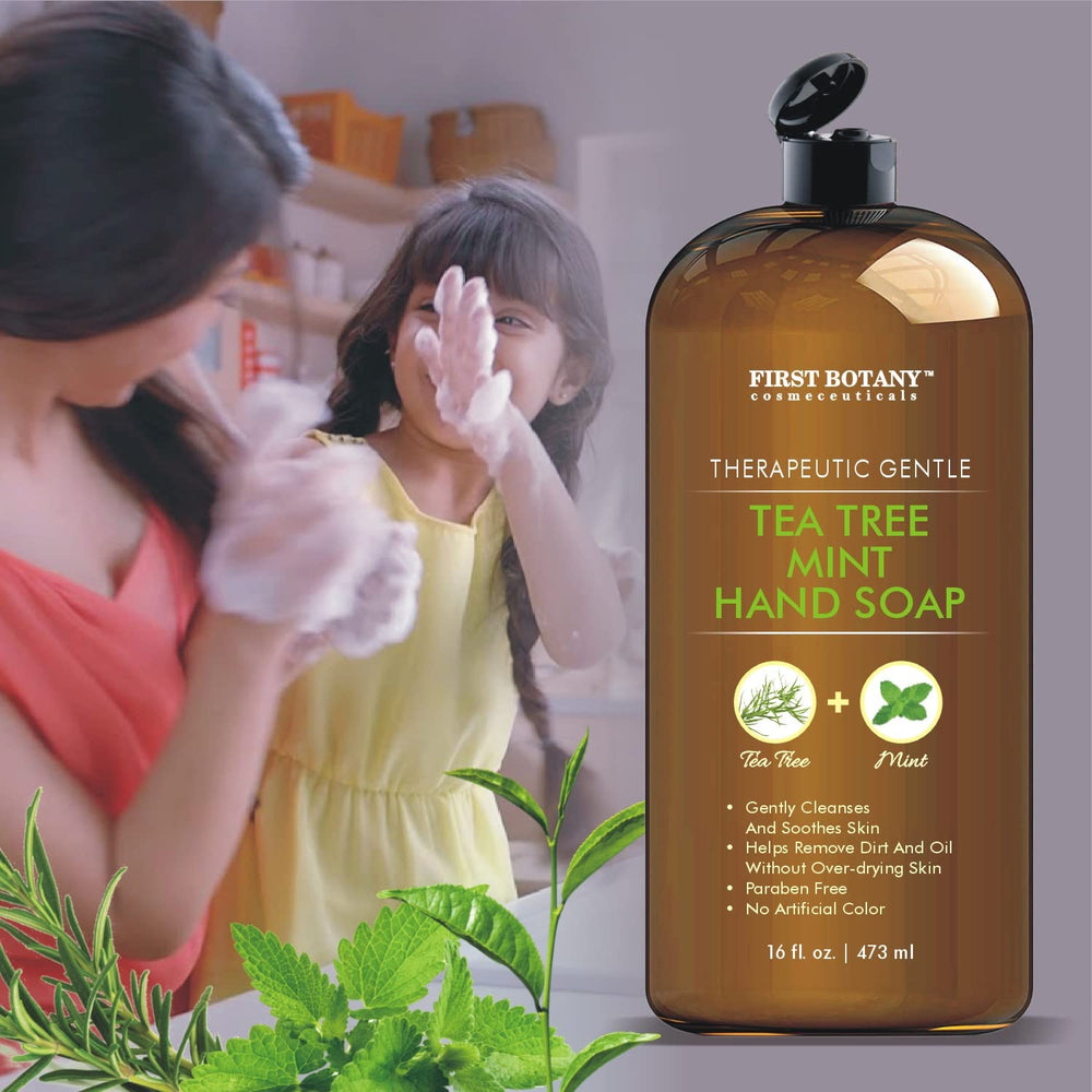 First Botany Tea Tree Mint Hand Soap coconut oil visual highlighting moisturizing base.