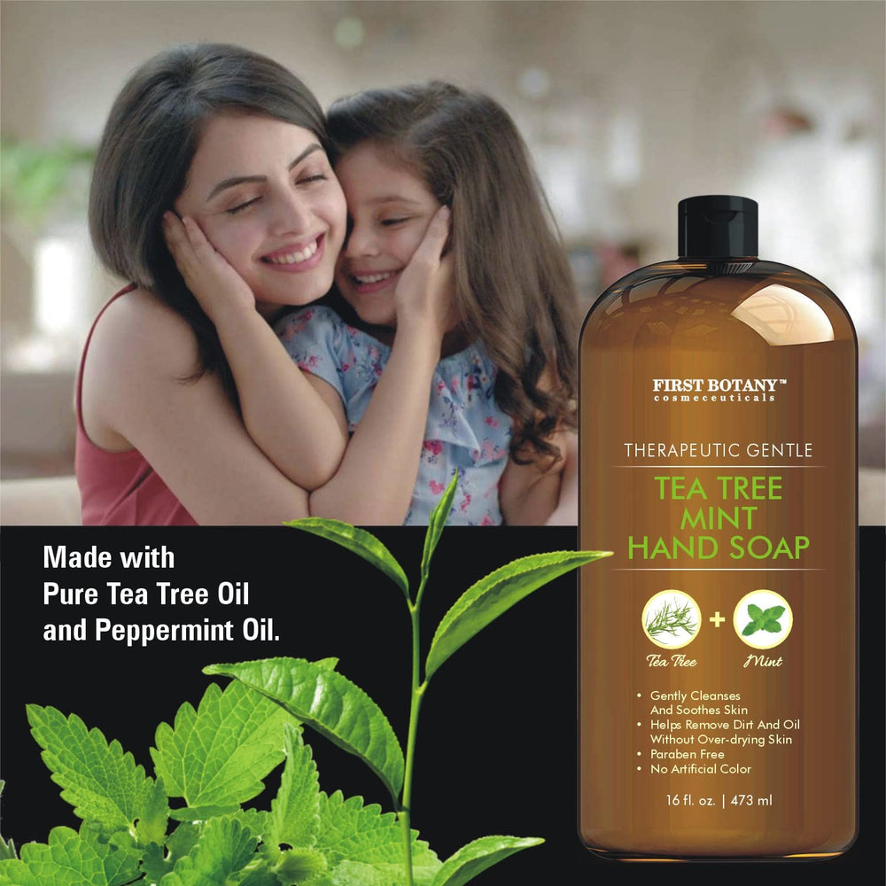 First Botany Tea Tree Mint Hand Soap label close-up featuring tea tree oil for fresh skin.