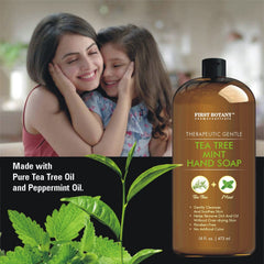 First Botany Tea Tree Mint Hand Soap label close-up featuring tea tree oil for fresh skin.