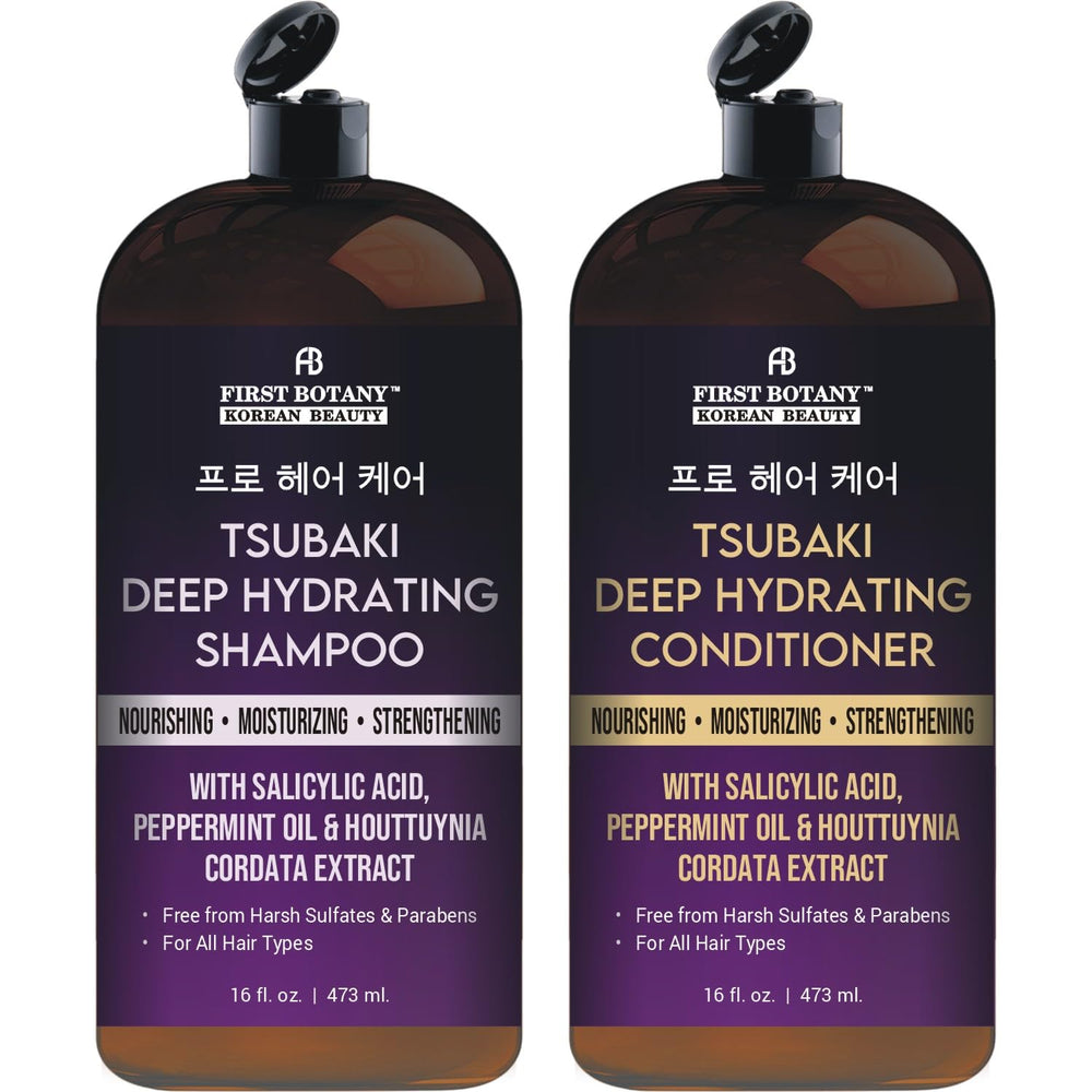 First Botany Tsubaki deep hydrating shampoo bottle delivers hydration and frizz control for all hair types.