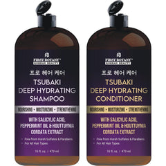 First Botany Tsubaki deep hydrating shampoo bottle delivers hydration and frizz control for all hair types.