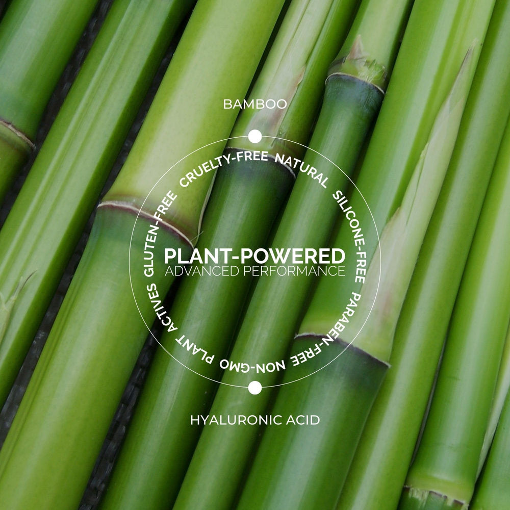 Packaging close-up highlights vegan formula and bamboo packaging.