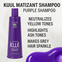 Five Brothers Kuuul Purple Shampoo close-up shows smooth, shiny hair after use.