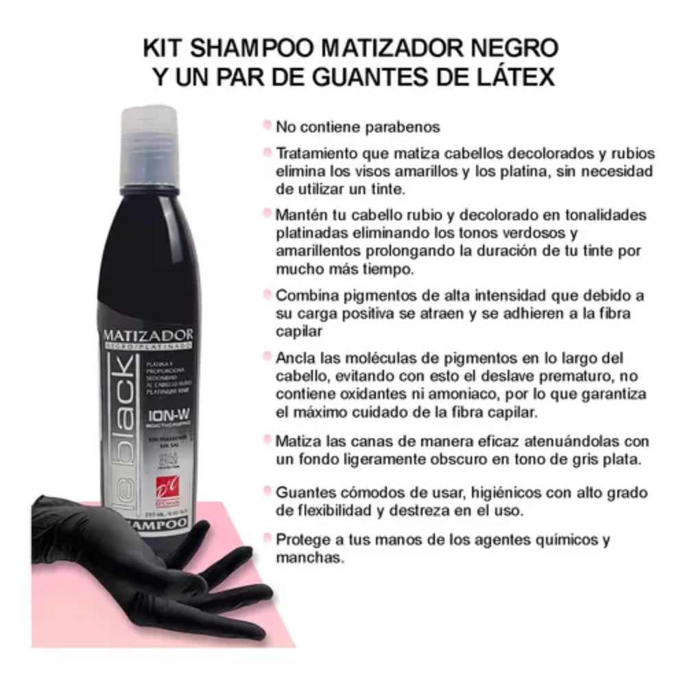 Le Black shampoo lather reveals violet pigments targeting brassiness in platinum hair.