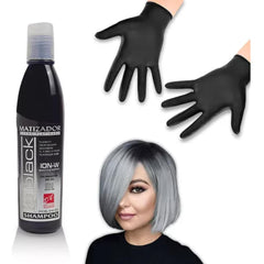 Le Black purple shampoo pump demonstrates even pigment deposition for toned blondes.