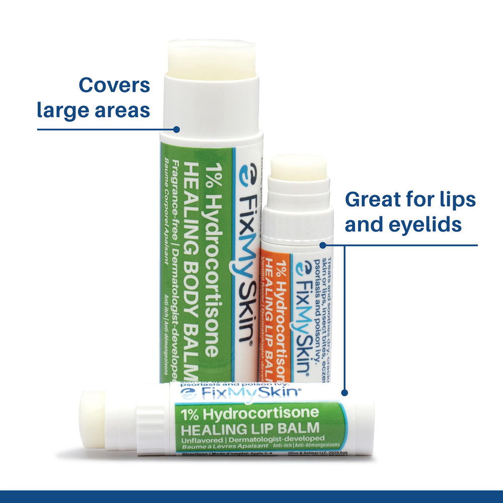 Dermatologist-developed FixMySkin lip balm with gluten-free formula.