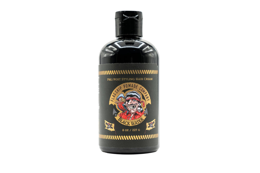 Flagship Black Water Pomade bottle ready for matte, natural styling.