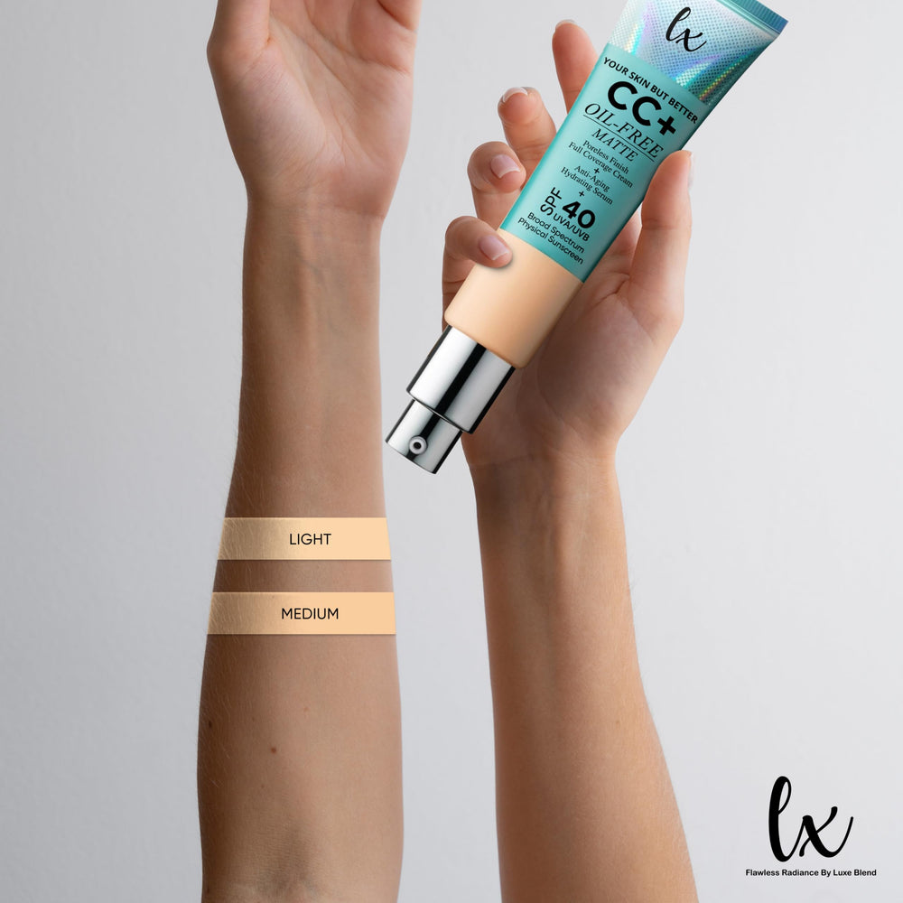 Flawless Radiance LX Blend CC Cream bottle back label displaying medium shade and daily SPF 40 protection.