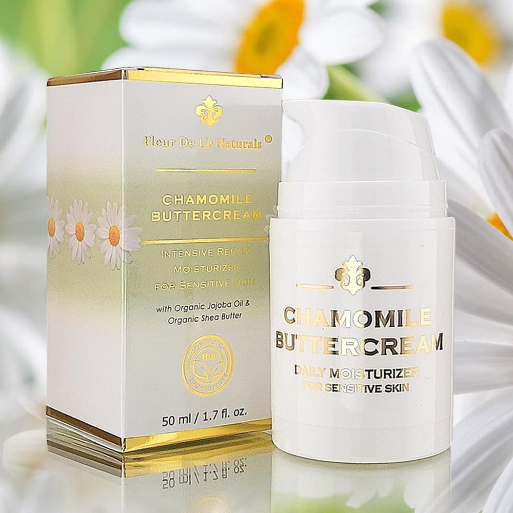 Fleur De Lis Naturals Chamomile Buttercream packaging and 1.7 oz size on shelf.
