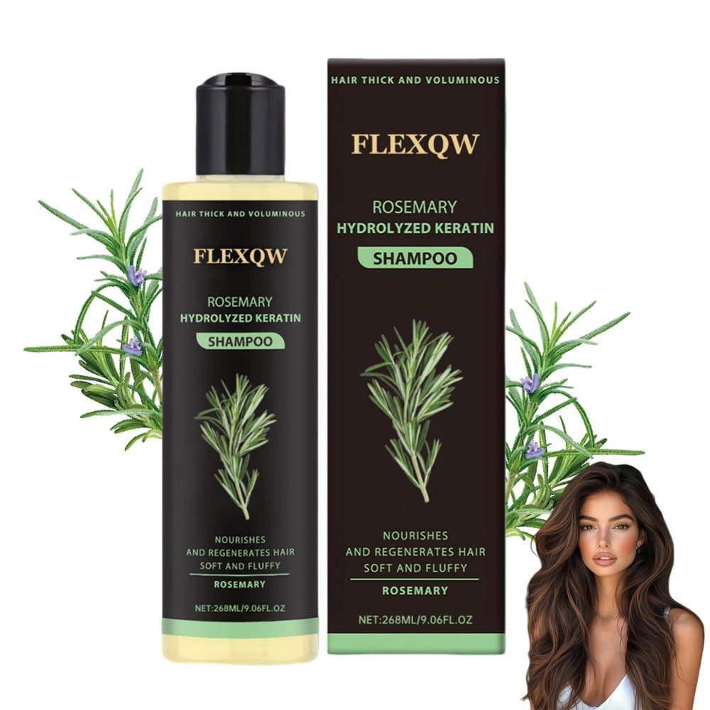 FLEXQW Rosemary Shampoo bottle highlights scalp nourishment