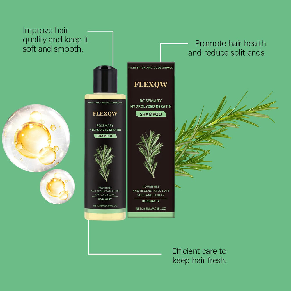 FLEXQW Rosemary Shampoo scalp nourishment scene shows balanced moisture
