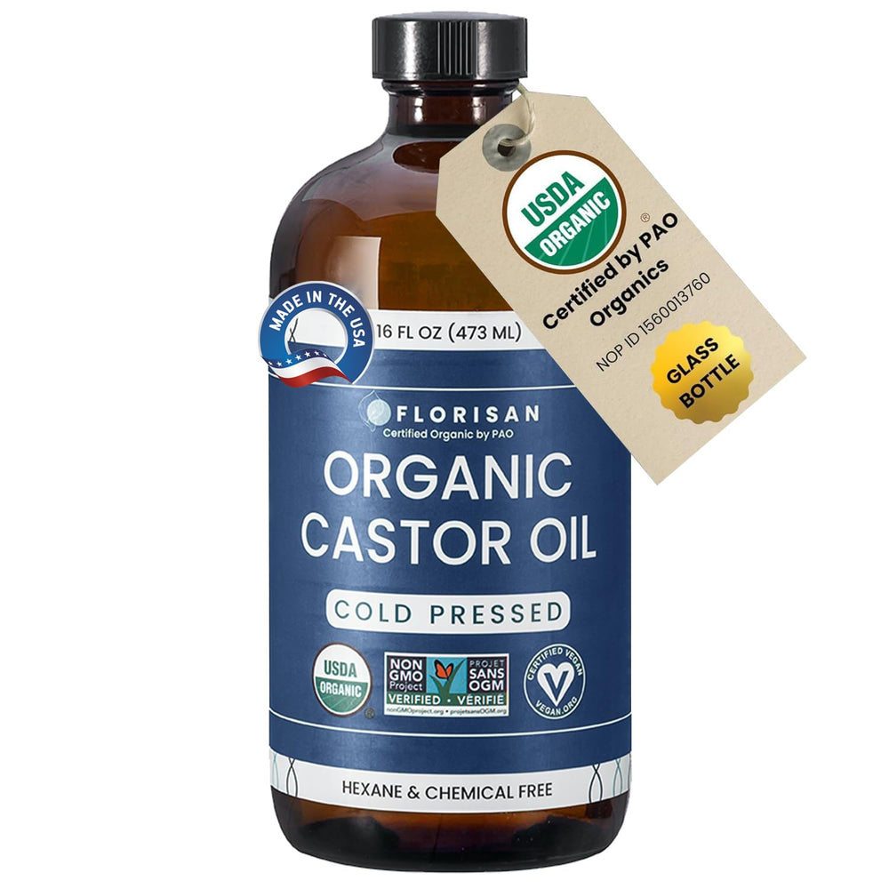 Florisan Organic Castor Oil 16oz glass bottle ready for skincare and hair care