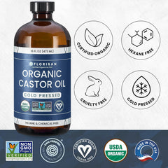 Close-up of Florisan castor oil label highlighting purity and organic certification