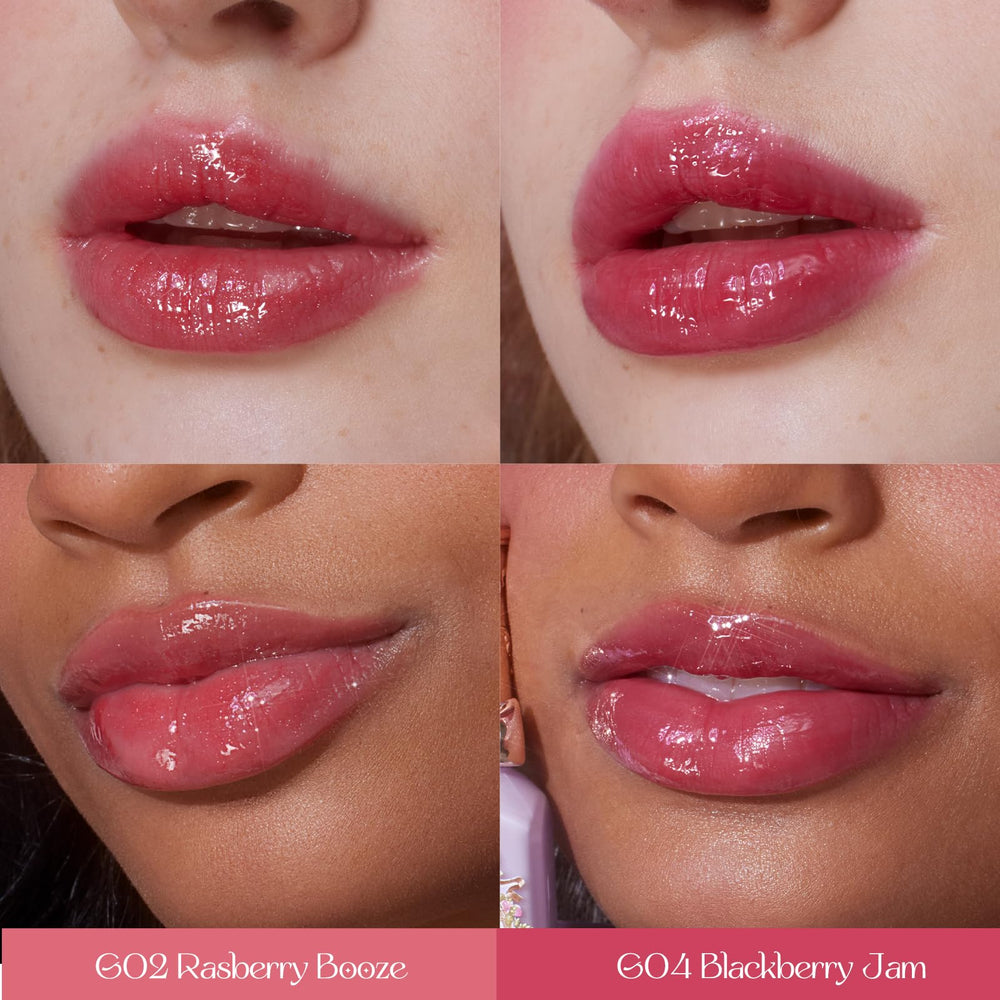 Flower Knows blackberry-jam lip gloss adds depth with a silky, cushiony finish.